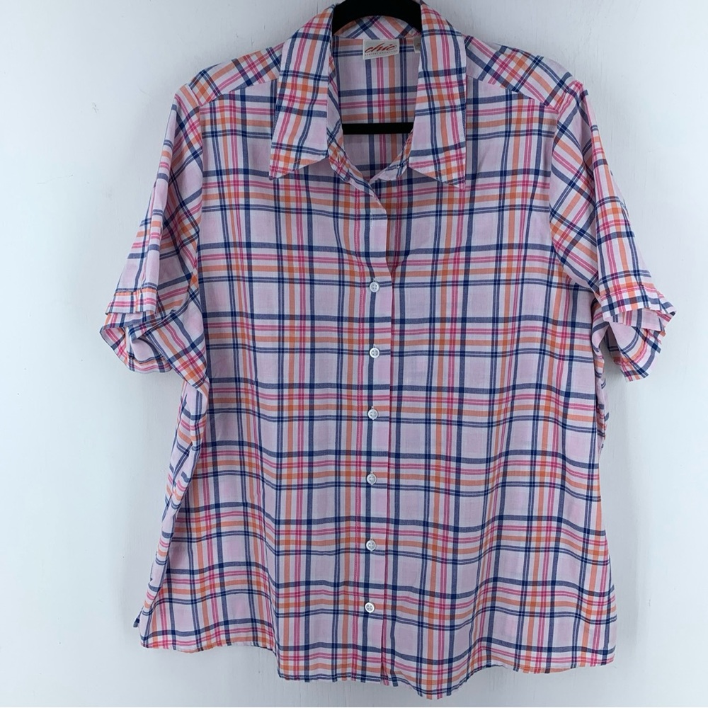 Chic Comfort Womens 1X Button Up Shirt Pink Plaid Multicolor‎ Preppy Oversized